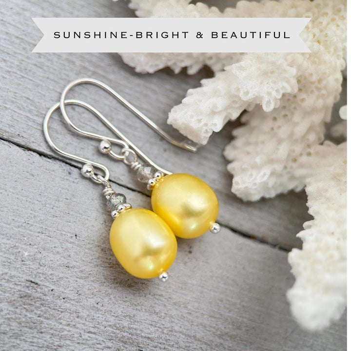 Yellow Pearl and Labradorite Gemstone Earrings | Solid 925 Sterling Silver Earrings | Handmade Freshwater Pearl Jewelry - SunlightSilver