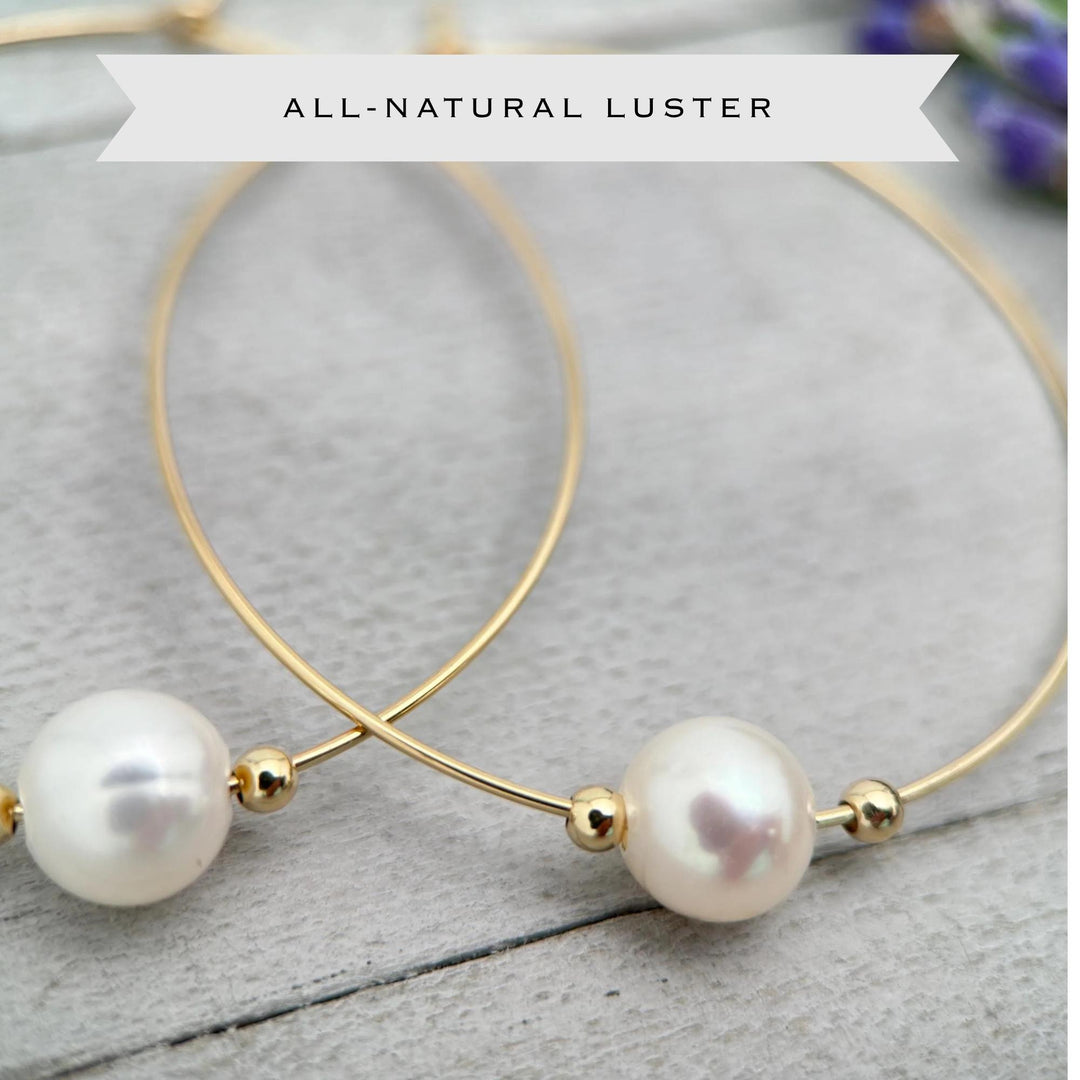 Freshwater Pearl Earrings - 14k Yellow Gold Large Hoops - Wedding Statement Lightweight Jewelry - SunlightSilver