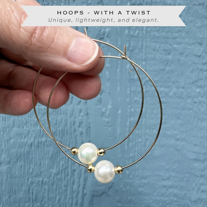 Freshwater Pearl Earrings - 14k Yellow Gold Large Hoops - Wedding Statement Lightweight Jewelry - SunlightSilver