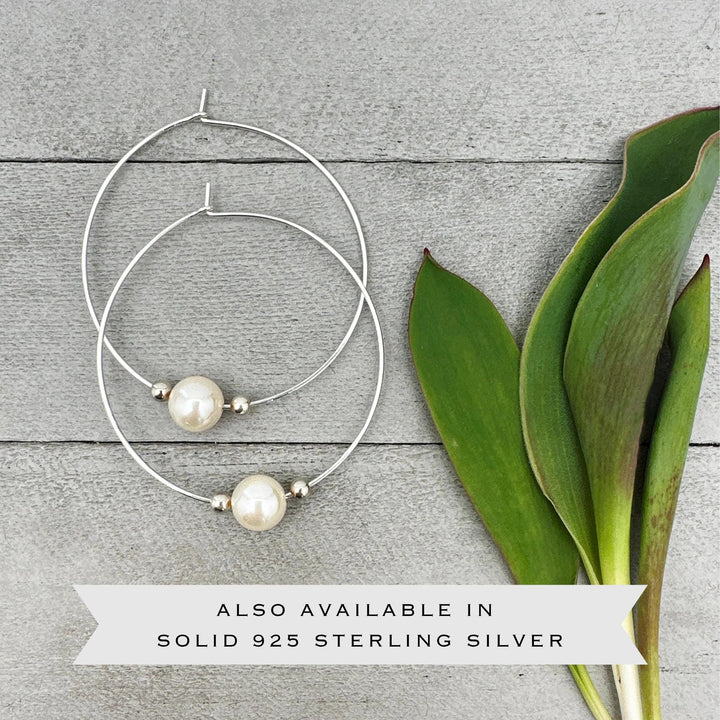 Freshwater Pearl Earrings - 14k Yellow Gold Large Hoops - Wedding Statement Lightweight Jewelry - SunlightSilver