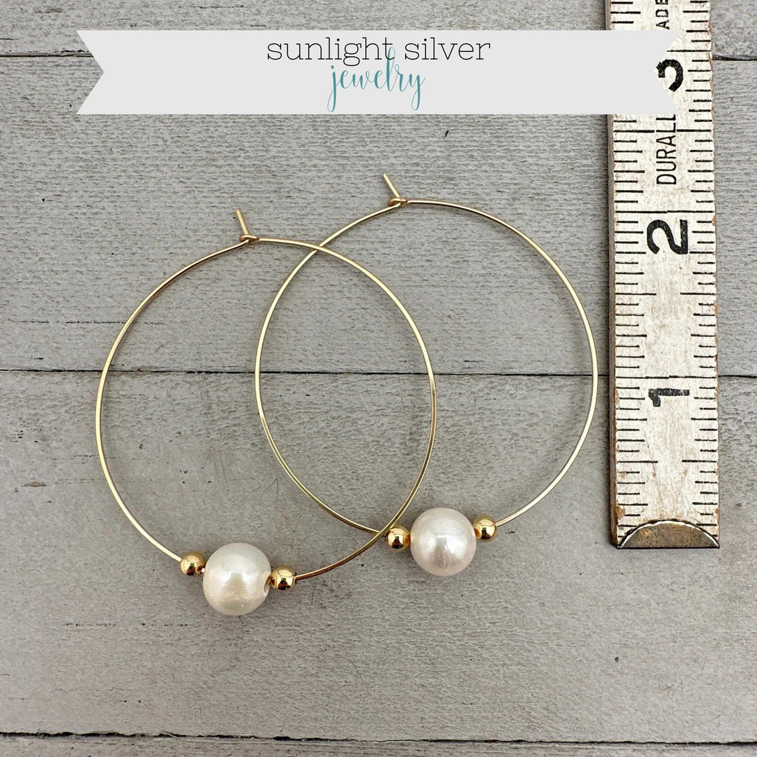 Freshwater Pearl Earrings - 14k Yellow Gold Large Hoops - Wedding Statement Lightweight Jewelry - SunlightSilver