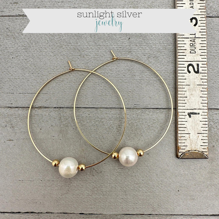 Freshwater Pearl Earrings - 14k Yellow Gold Large Hoops - Wedding Statement Lightweight Jewelry - SunlightSilver