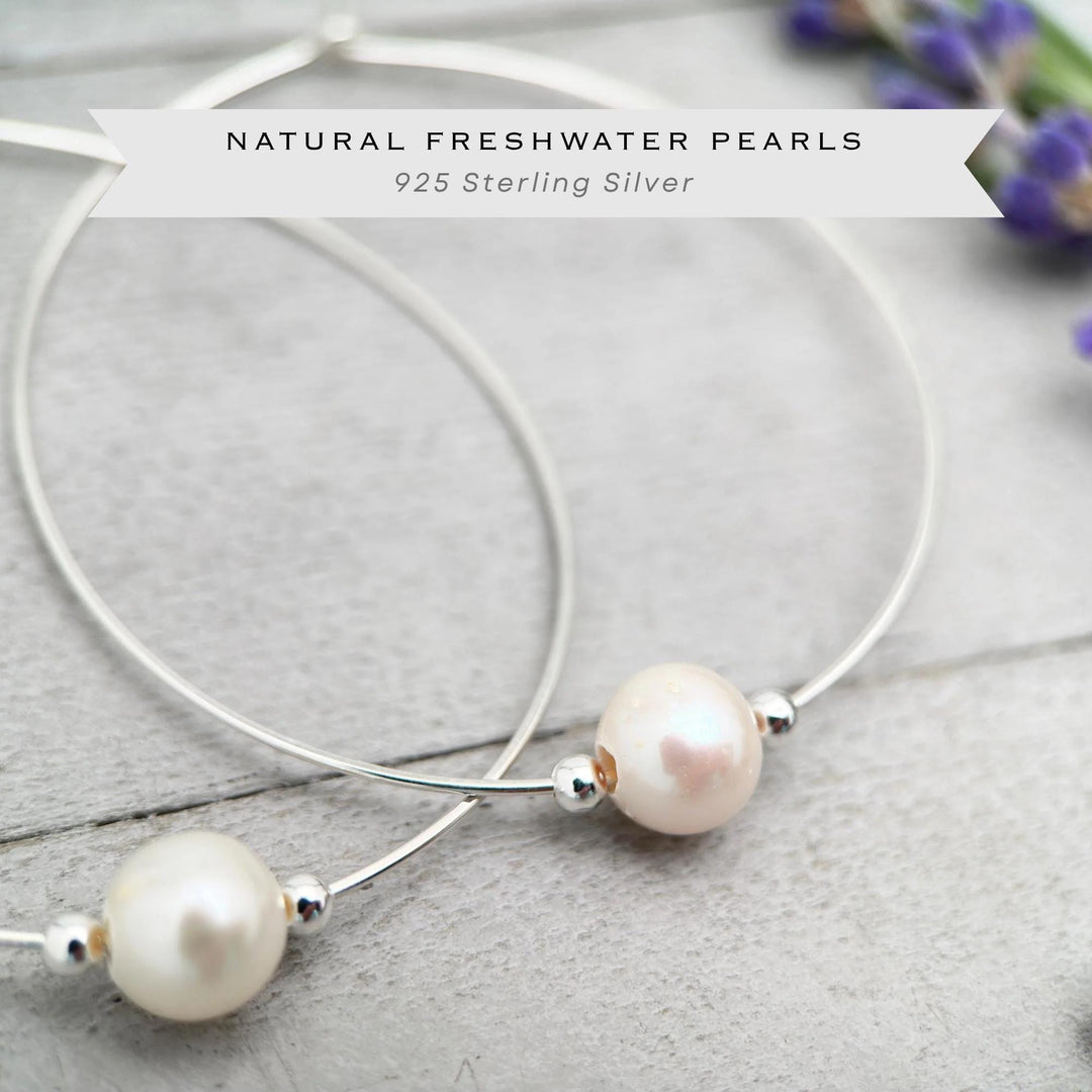 White Pearl Earrings | Sterling Silver Large Hoops | Freshwater Pearls, June Birthstone Gift - SunlightSilver