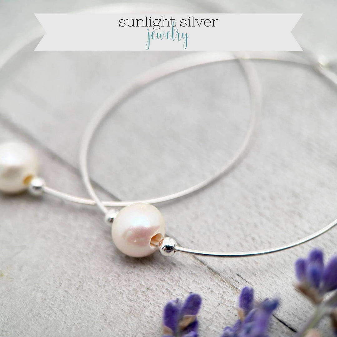 White Pearl Earrings | Sterling Silver Large Hoops | Freshwater Pearls, June Birthstone Gift - SunlightSilver