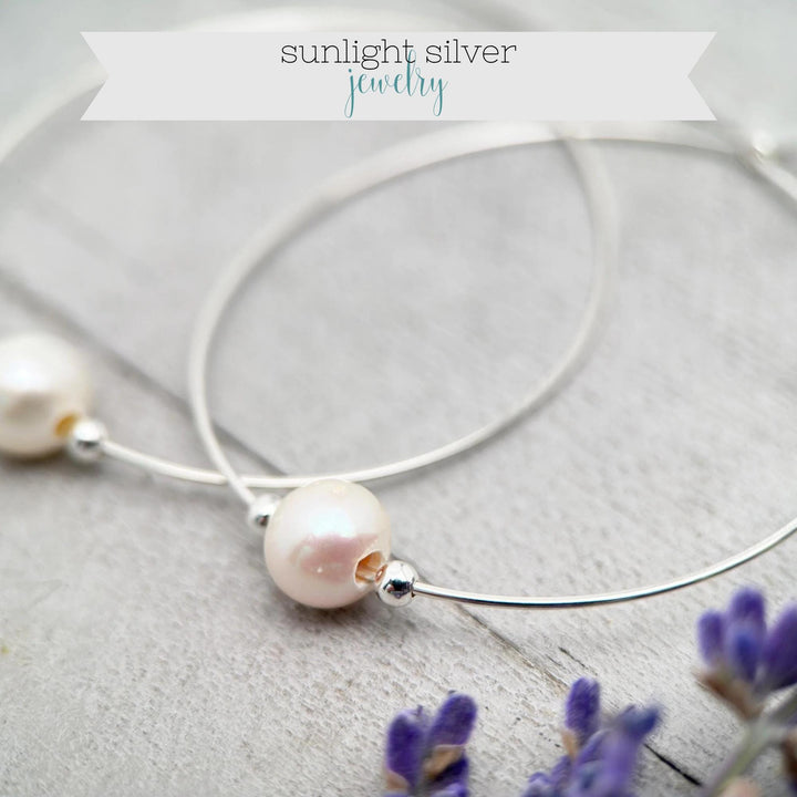 White Pearl Earrings | Sterling Silver Large Hoops | Freshwater Pearls, June Birthstone Gift - SunlightSilver