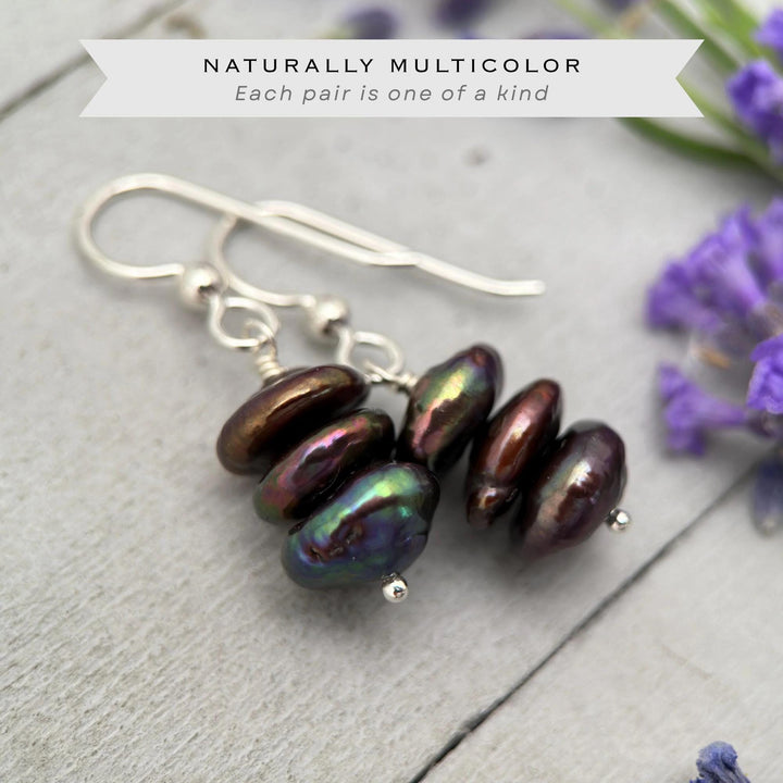 Brown Freshwater Pearl and 14k Yellow Gold OR Solid 925 Sterling Silver Earrings - Peacock, Rainbow Colors - SunlightSilver