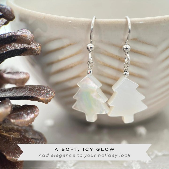 Snowy White Mother of Pearl Christmas Tree Earrings | Festive Holiday Winter Earrings Gift | Sterling Silver or Gold Filled - SunlightSilver