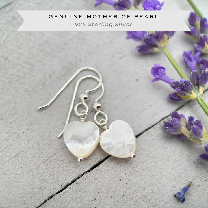 White Mother of Pearl Heart - Sterling Silver Earrings - SunlightSilver