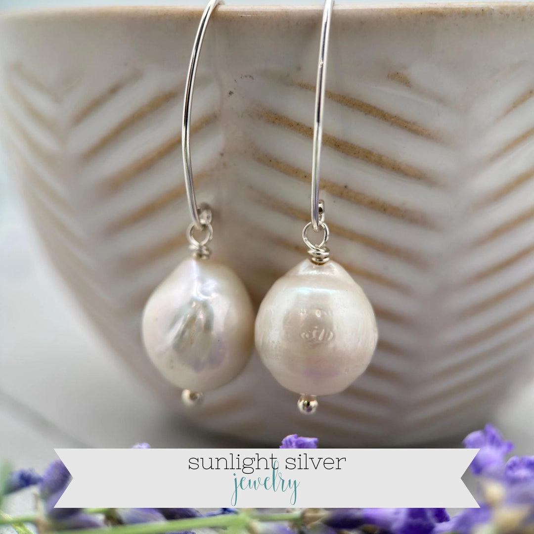 White Baroque Pearl Earrings - Solid 925 Sterling Silver - Unique, Large 13-17mm Freshwater Pearls - SunlightSilver