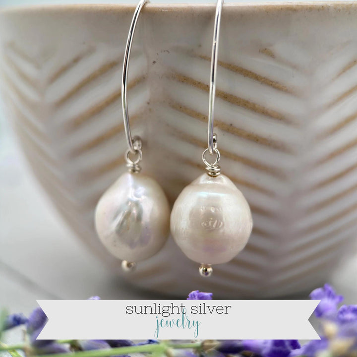 White Baroque Pearl Earrings - Solid 925 Sterling Silver - Unique, Large 13-17mm Freshwater Pearls - SunlightSilver