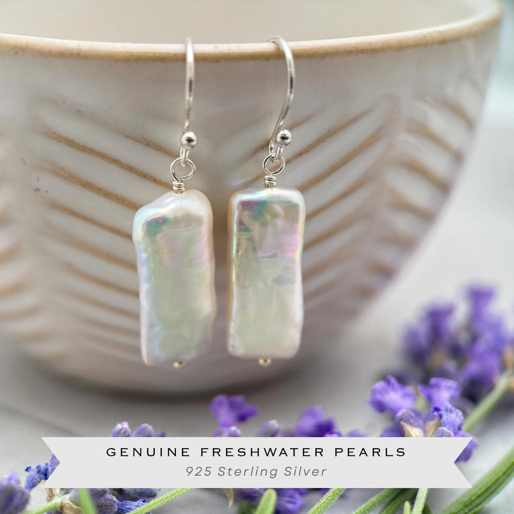 White Rectangle Pearl Earrings – Freshwater Pearls & Solid 925 Sterling Silver - Large, Thick, Lustrous Nacre and Orient - SunlightSilver