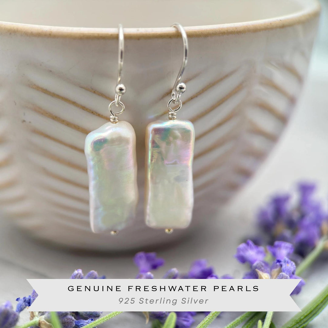White Rectangle Pearl Earrings – Freshwater Pearls & Solid 925 Sterling Silver - Large, Thick, Lustrous Nacre and Orient - SunlightSilver