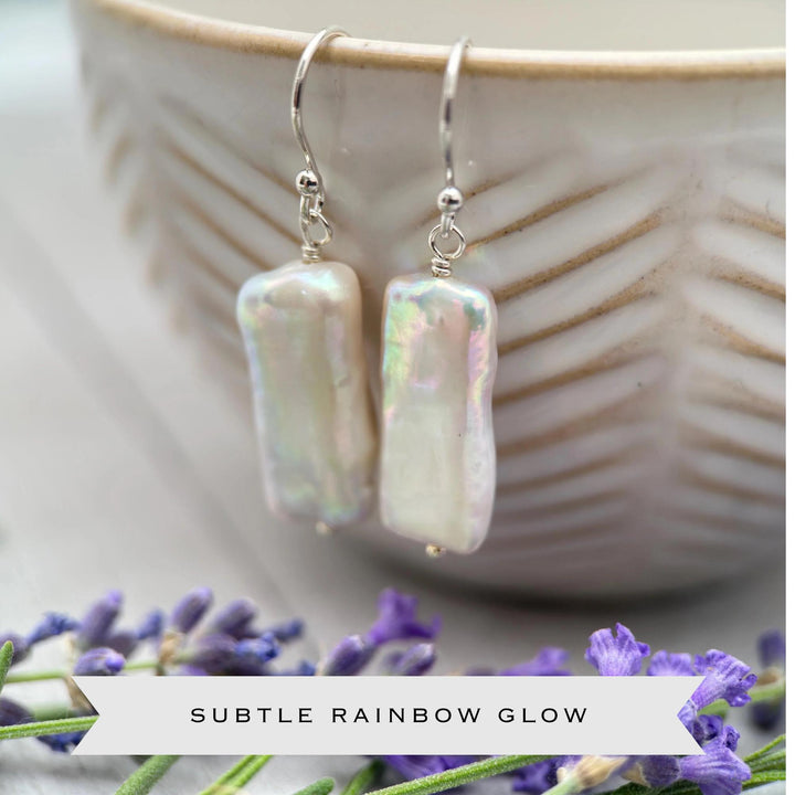 White Rectangle Pearl Earrings – Freshwater Pearls & Solid 925 Sterling Silver - Large, Thick, Lustrous Nacre and Orient - SunlightSilver