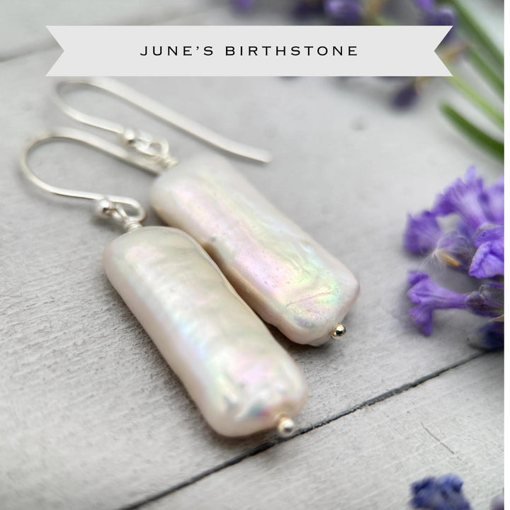 White Rectangle Pearl Earrings – Freshwater Pearls & Solid 925 Sterling Silver - Large, Thick, Lustrous Nacre and Orient - SunlightSilver