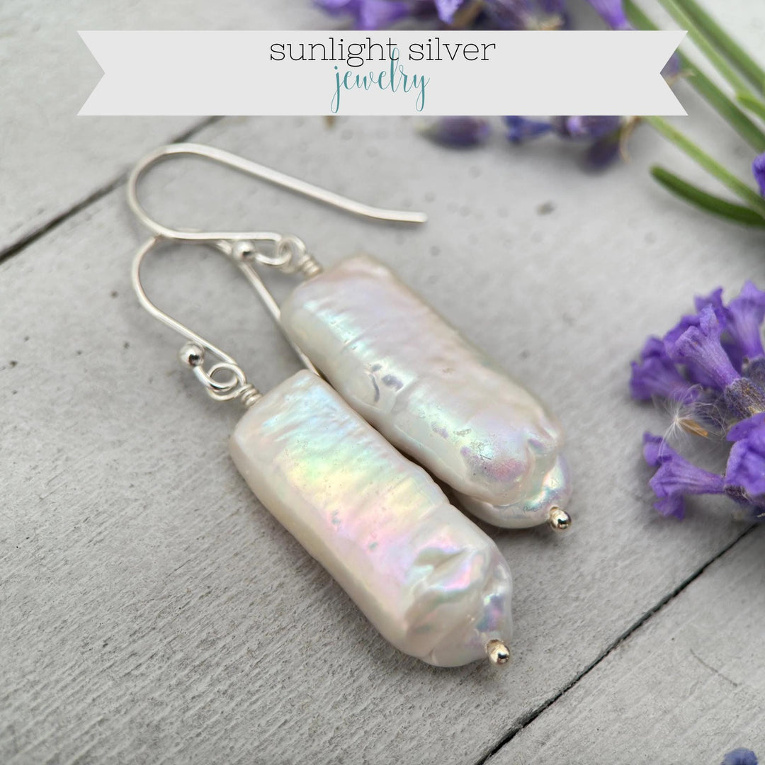White Rectangle Pearl Earrings – Freshwater Pearls & Solid 925 Sterling Silver - Large, Thick, Lustrous Nacre and Orient - SunlightSilver
