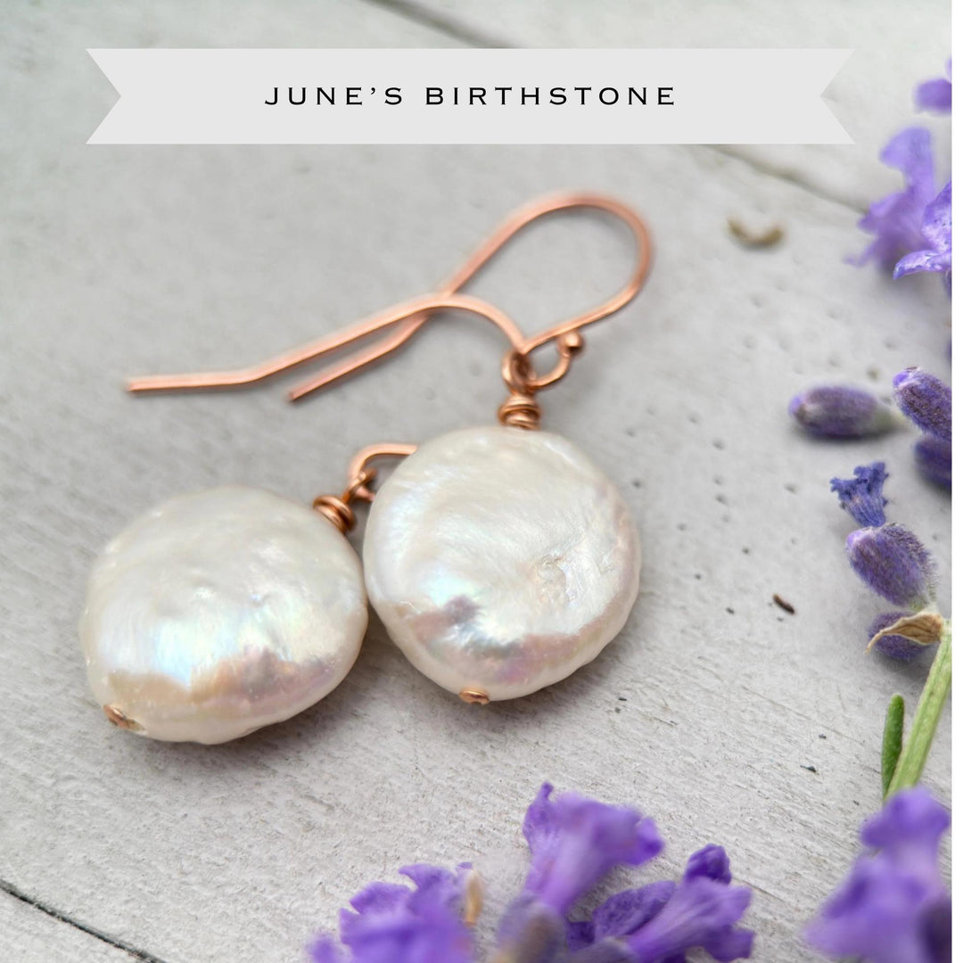 White Coin Pearl Earrings - 14k Rose Gold Fill - Baroque, Metallic, Iridescent Rainbow Colors - SunlightSilver