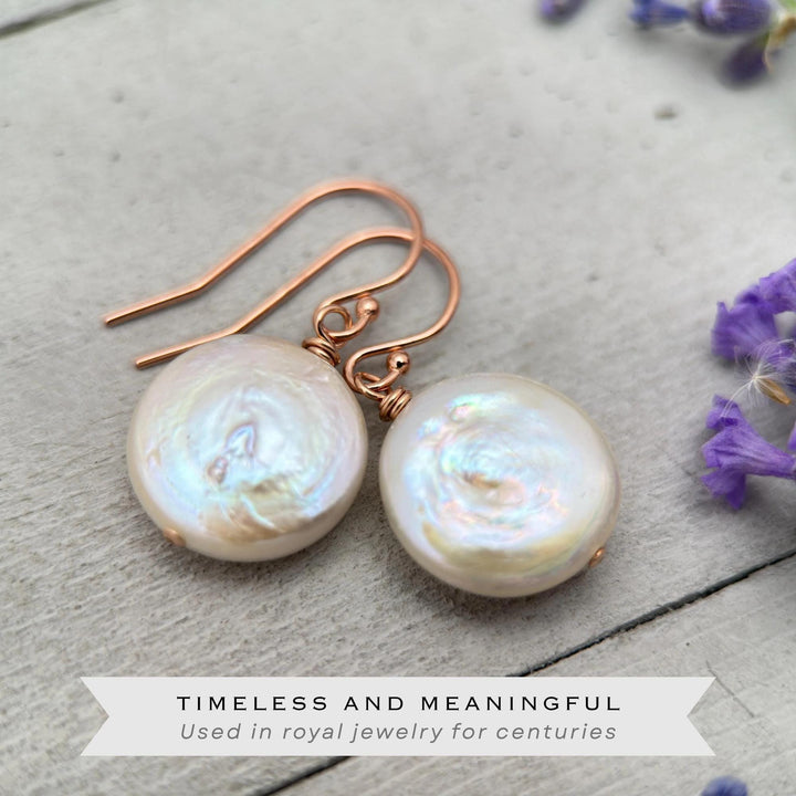 White Coin Pearl Earrings - 14k Rose Gold Fill - Baroque, Metallic, Iridescent Rainbow Colors - SunlightSilver