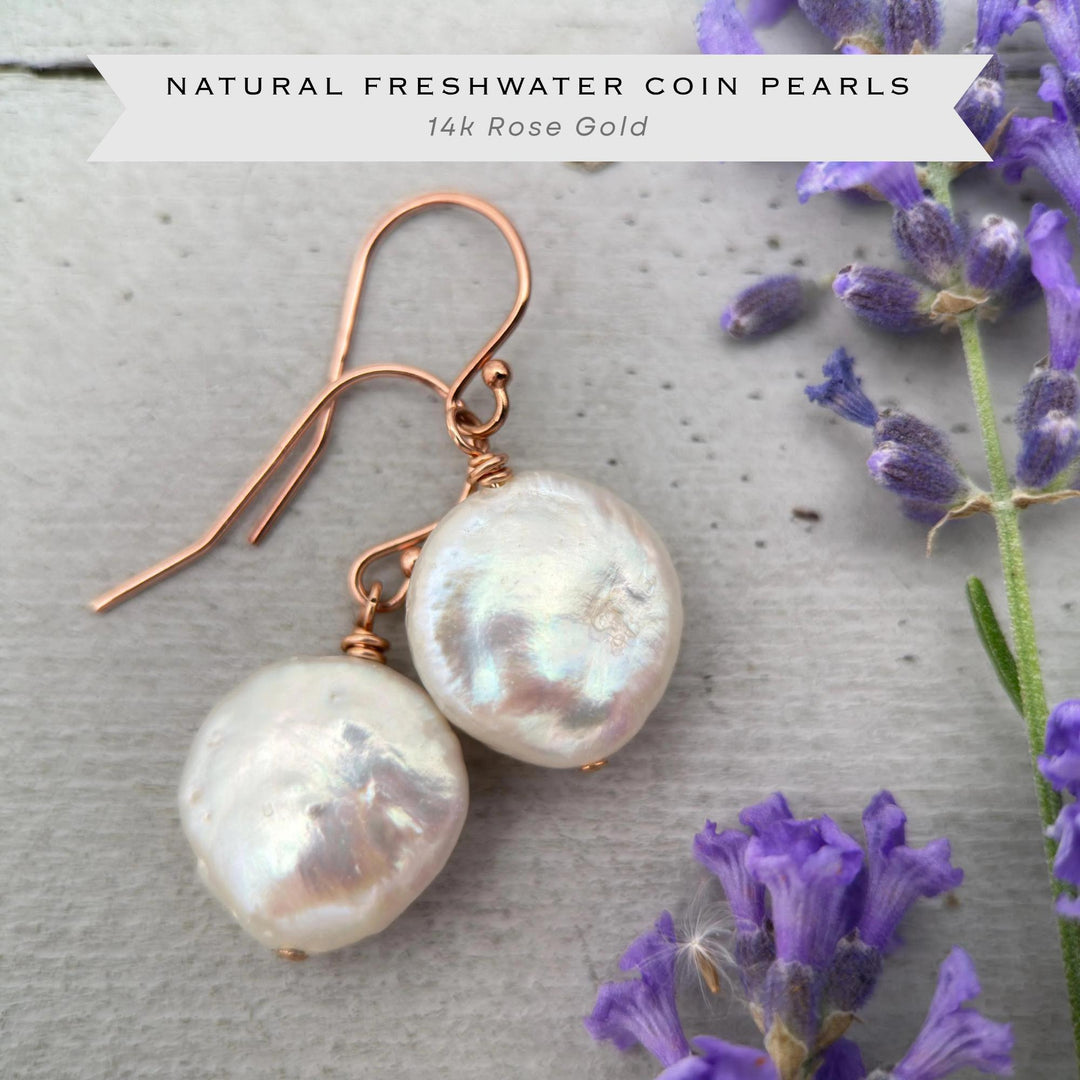 White Coin Pearl Earrings - 14k Rose Gold Fill - Baroque, Metallic, Iridescent Rainbow Colors - SunlightSilver