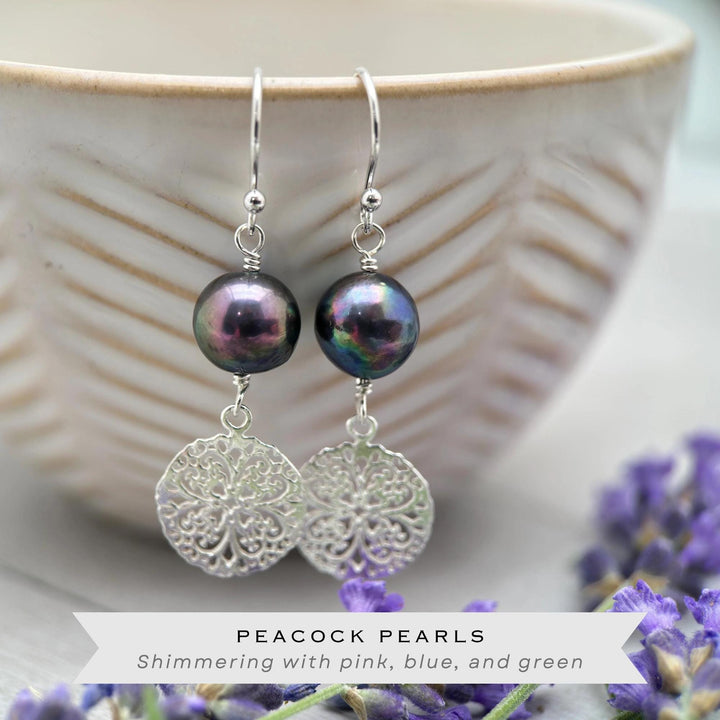 Peacock Pearl Charm Earrings – Sterling Silver, Rose Gold Fill, or Yellow Gold Fill - Lightweight Long Dangle - Limited Edition - SunlightSilver