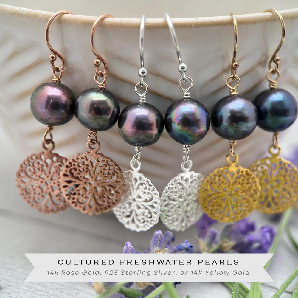 Peacock Pearl Charm Earrings – Sterling Silver, Rose Gold Fill, or Yellow Gold Fill - Lightweight Long Dangle - Limited Edition - SunlightSilver
