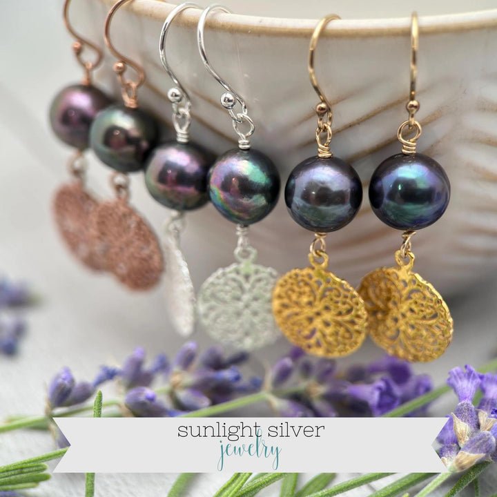 Peacock Pearl Charm Earrings – Sterling Silver, Rose Gold Fill, or Yellow Gold Fill - Lightweight Long Dangle - Limited Edition - SunlightSilver