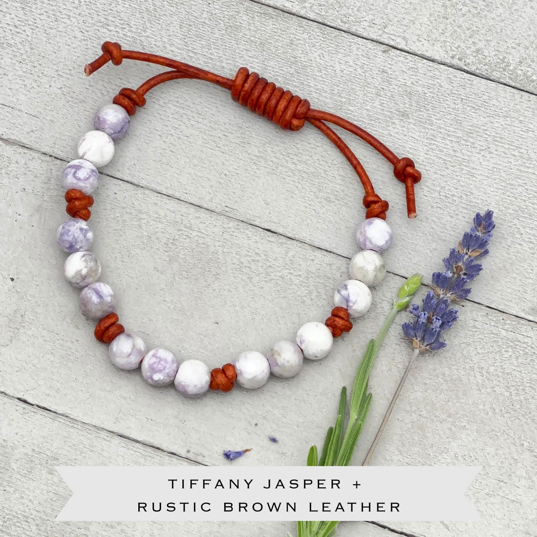 Tiffany Jasper Bracelet - Leather, Purple Gemstone Stacking Layering Jewelry - SunlightSilver