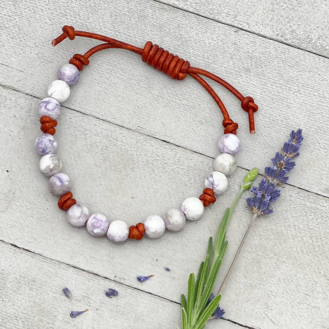 Tiffany Jasper Bracelet - Leather, Purple Gemstone Stacking Layering Jewelry - SunlightSilver