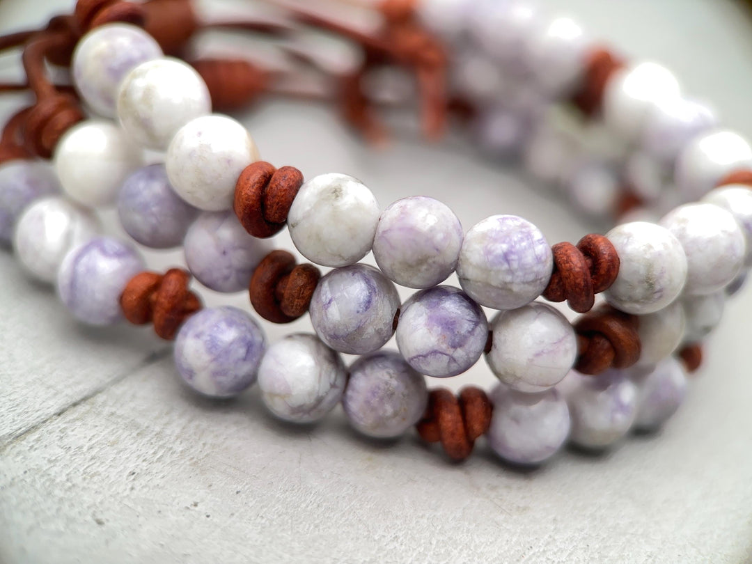 Tiffany Jasper Bracelet - Leather, Purple Gemstone Stacking Layering Jewelry - SunlightSilver