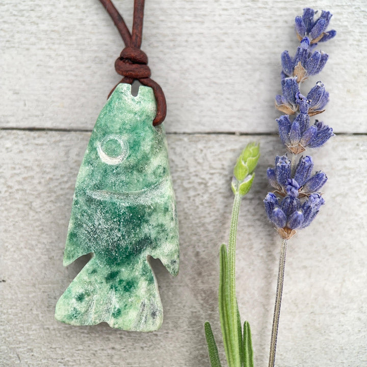 Jade Fish Necklace - Carved Green Jade & Rustic Brown Leather Necklace -Gift for Him or Her - SunlightSilver