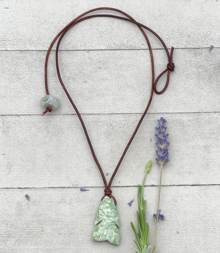Jade Fish Necklace - Carved Green Jade & Rustic Brown Leather Necklace -Gift for Him or Her - SunlightSilver