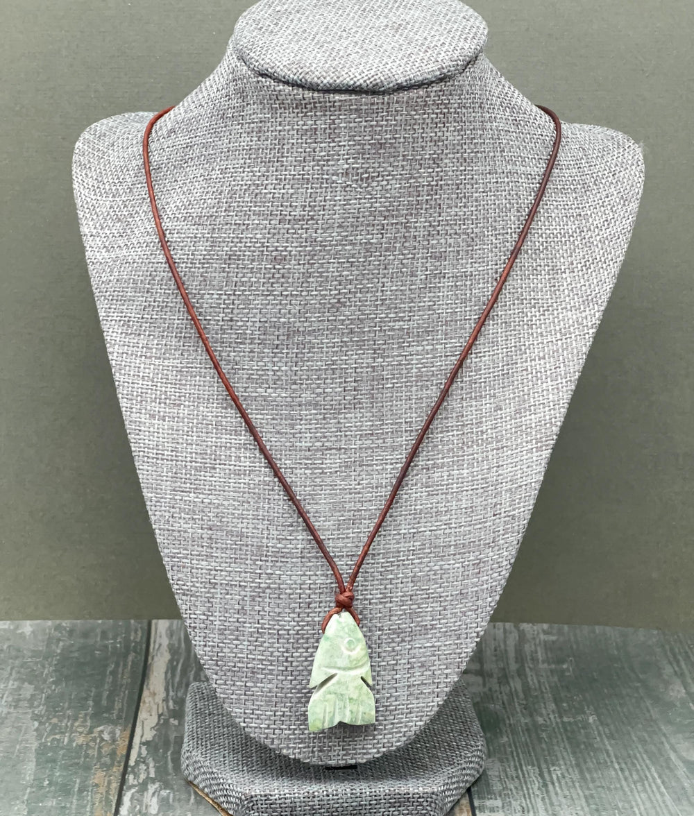 Jade Fish Necklace - Carved Green Jade & Rustic Brown Leather Necklace -Gift for Him or Her - SunlightSilver
