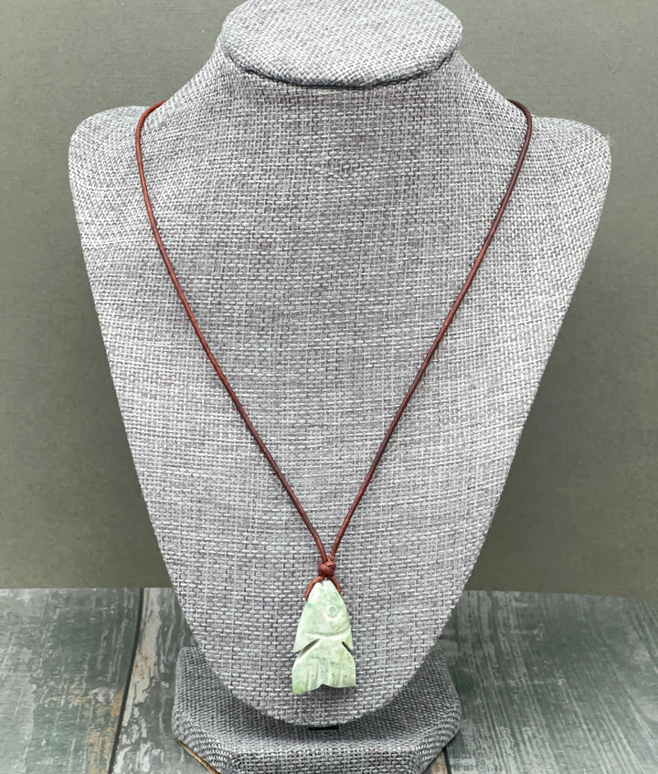 Jade Fish Necklace - Carved Green Jade & Rustic Brown Leather Necklace -Gift for Him or Her - SunlightSilver