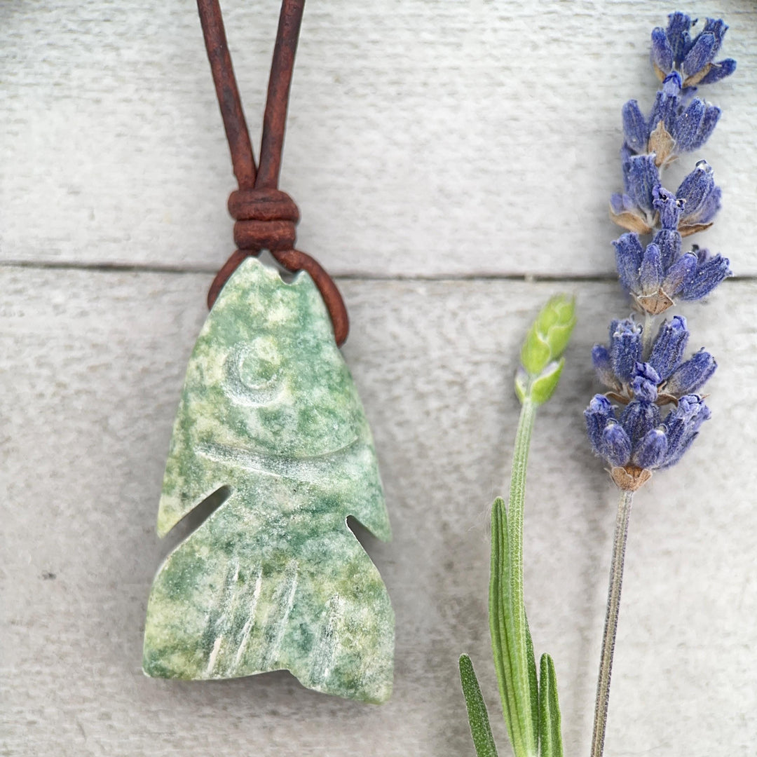 Jade Fish Necklace - Carved Green Jade & Rustic Brown Leather Necklace -Gift for Him or Her - SunlightSilver