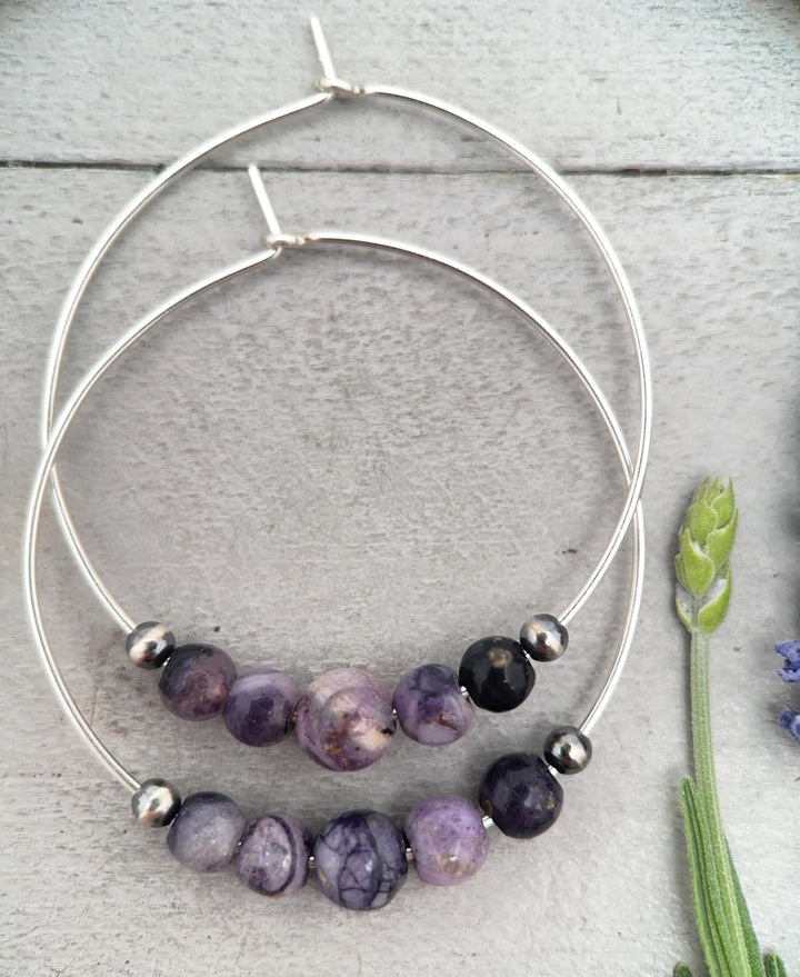 Tiffany Stone & Navajo Pearl Earrings | Sterling Silver Hoops | Utah Purple Gemstone Jewelry - SunlightSilver