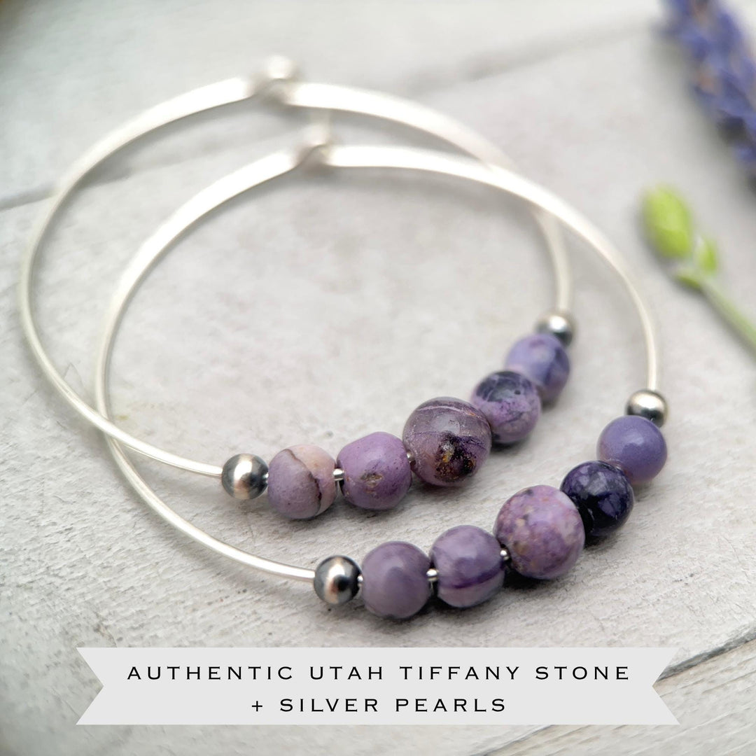 Tiffany Stone & Navajo Pearl Earrings | Sterling Silver Hoops | Utah Purple Gemstone Jewelry - SunlightSilver