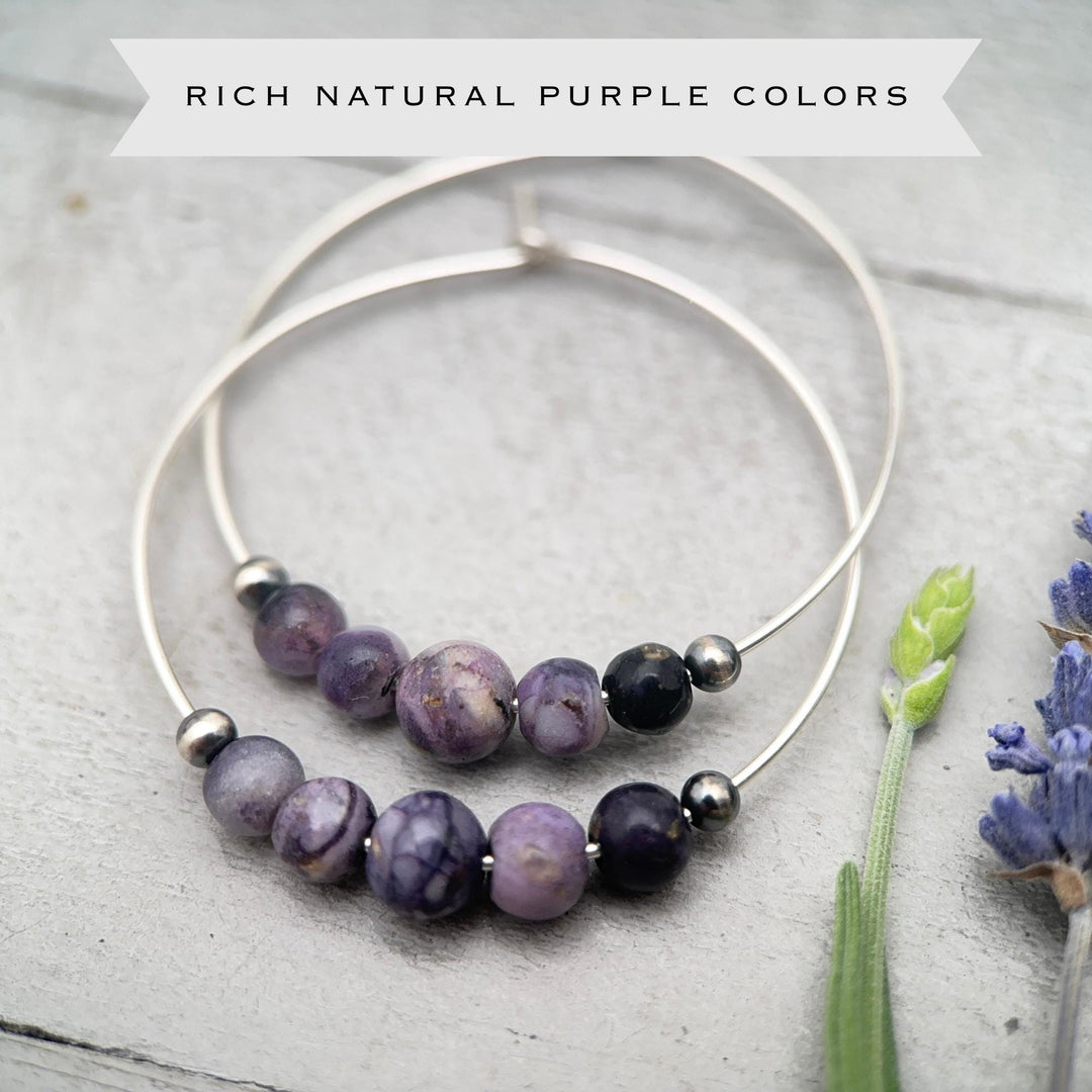 Tiffany Stone & Navajo Pearl Earrings | Sterling Silver Hoops | Utah Purple Gemstone Jewelry - SunlightSilver