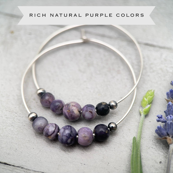 Tiffany Stone & Navajo Pearl Earrings | Sterling Silver Hoops | Utah Purple Gemstone Jewelry - SunlightSilver