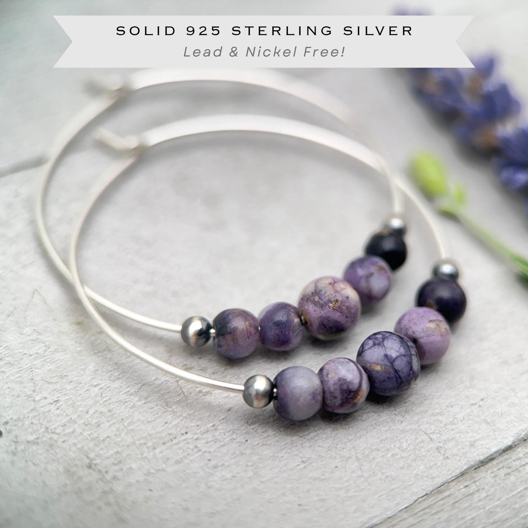 Tiffany Stone & Navajo Pearl Earrings | Sterling Silver Hoops | Utah Purple Gemstone Jewelry - SunlightSilver