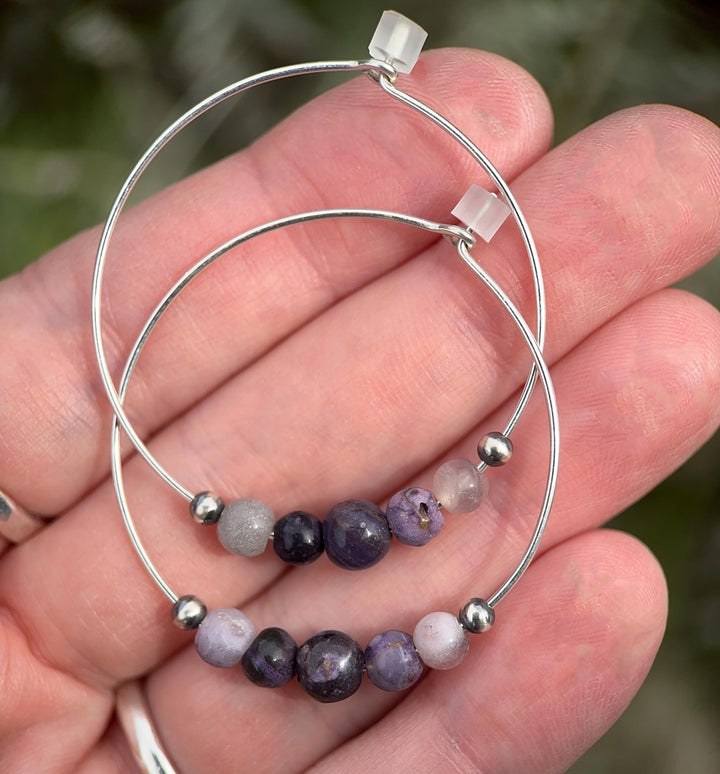 Tiffany Stone & Navajo Pearl Earrings | Sterling Silver Hoops | Utah Purple Gemstone Jewelry - SunlightSilver