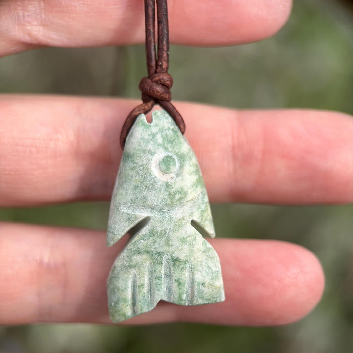 Jade Fish Necklace - Carved Green Jade & Rustic Brown Leather Necklace -Gift for Him or Her - SunlightSilver