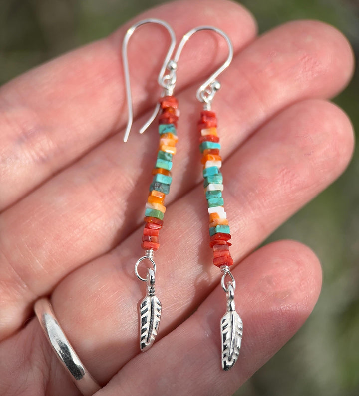 Spiny Oyster & Turquoise Earrings | Sterling Silver Feathers | Blue, Orange, Red Shell - SunlightSilver