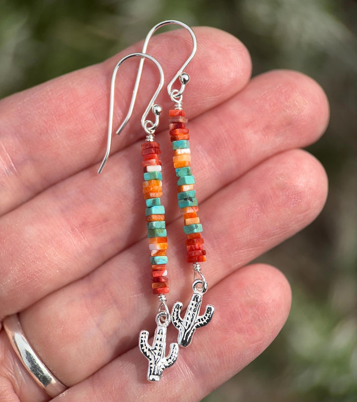 Spiny Oyster & Turquoise Earrings | Sterling Silver Feathers | Blue, Orange, Red Shell - SunlightSilver