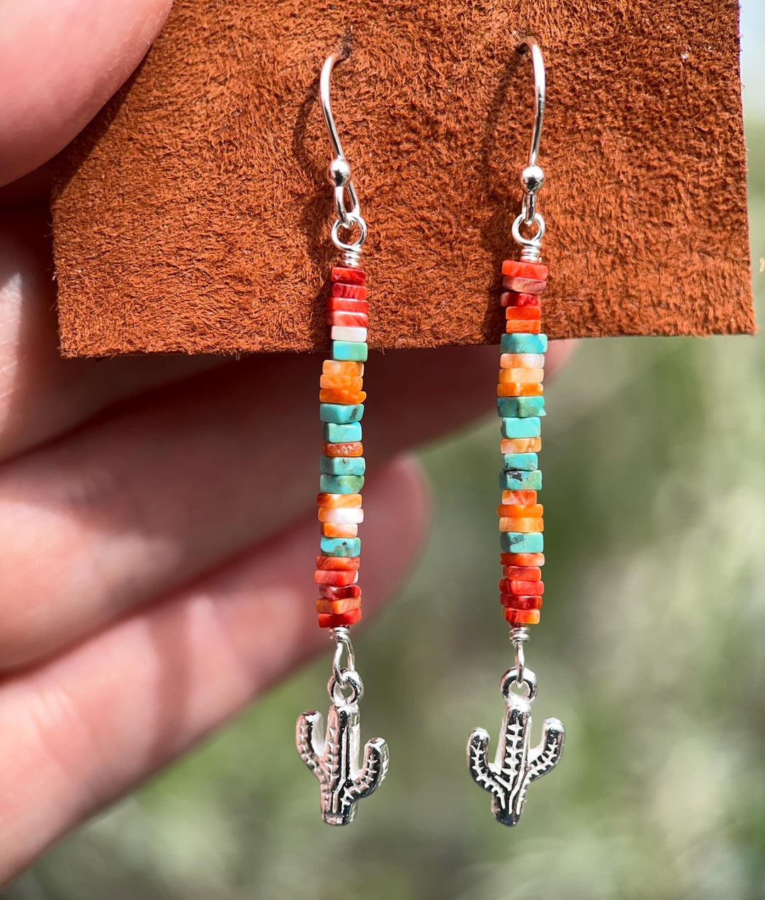 Spiny Oyster & Turquoise Earrings | Sterling Silver Feathers | Blue, Orange, Red Shell - SunlightSilver