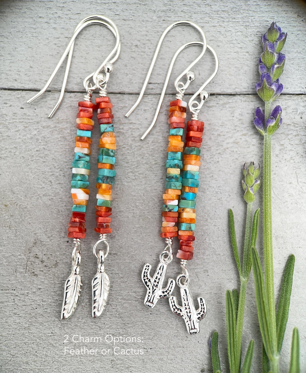 Spiny Oyster & Turquoise Earrings | Sterling Silver Feathers | Blue, Orange, Red Shell - SunlightSilver