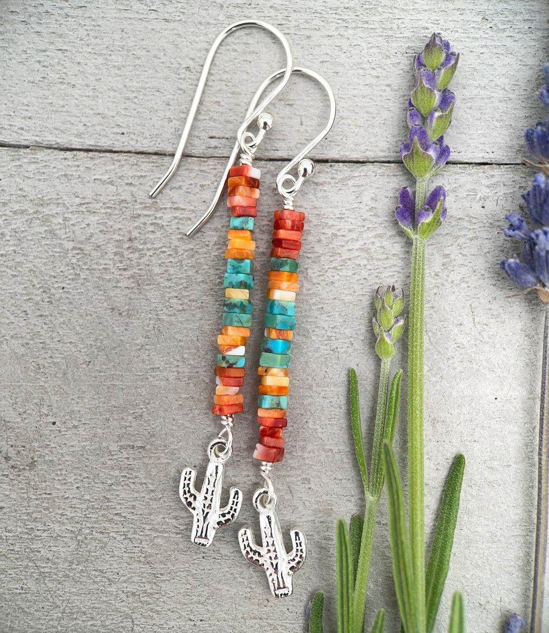 Spiny Oyster & Turquoise Earrings | Sterling Silver Feathers | Blue, Orange, Red Shell - SunlightSilver