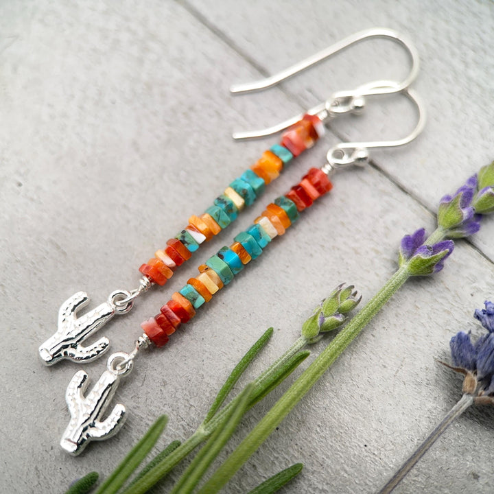 Spiny Oyster & Turquoise Earrings | Sterling Silver Feathers | Blue, Orange, Red Shell - SunlightSilver