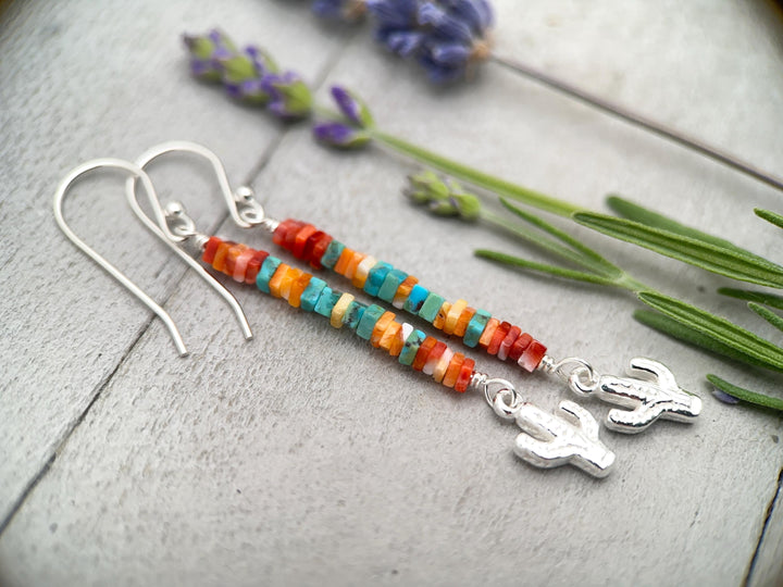 Spiny Oyster & Turquoise Earrings | Sterling Silver Feathers | Blue, Orange, Red Shell - SunlightSilver