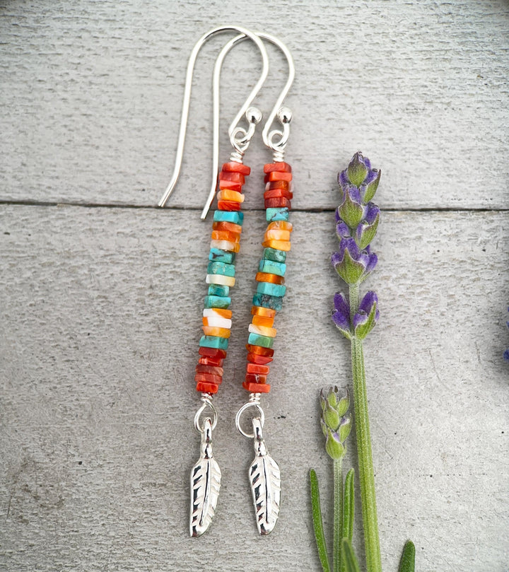 Spiny Oyster & Turquoise Earrings | Sterling Silver Feathers | Blue, Orange, Red Shell - SunlightSilver
