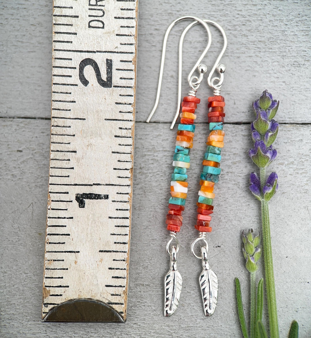 Spiny Oyster & Turquoise Earrings | Sterling Silver Feathers | Blue, Orange, Red Shell - SunlightSilver