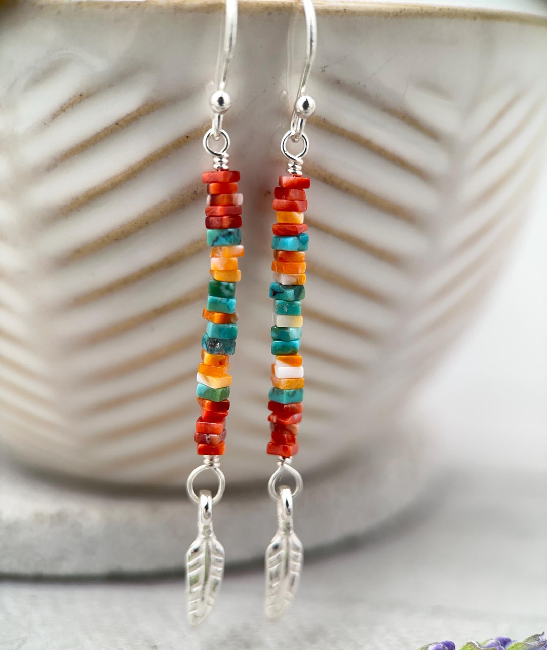 Spiny Oyster & Turquoise Earrings | Sterling Silver Feathers | Blue, Orange, Red Shell - SunlightSilver